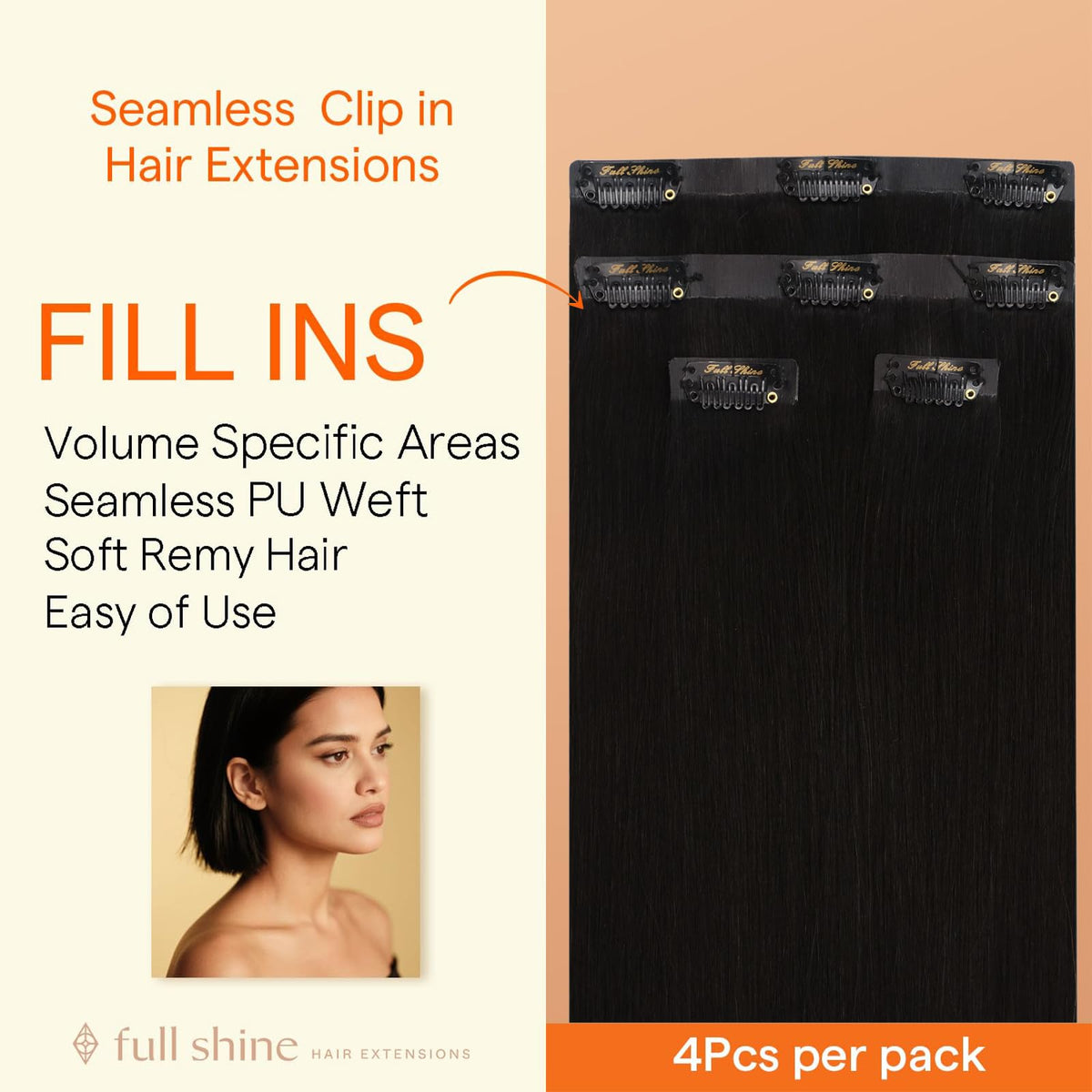 Full Shine Human Hair Clip in Extensions Natural Black back view