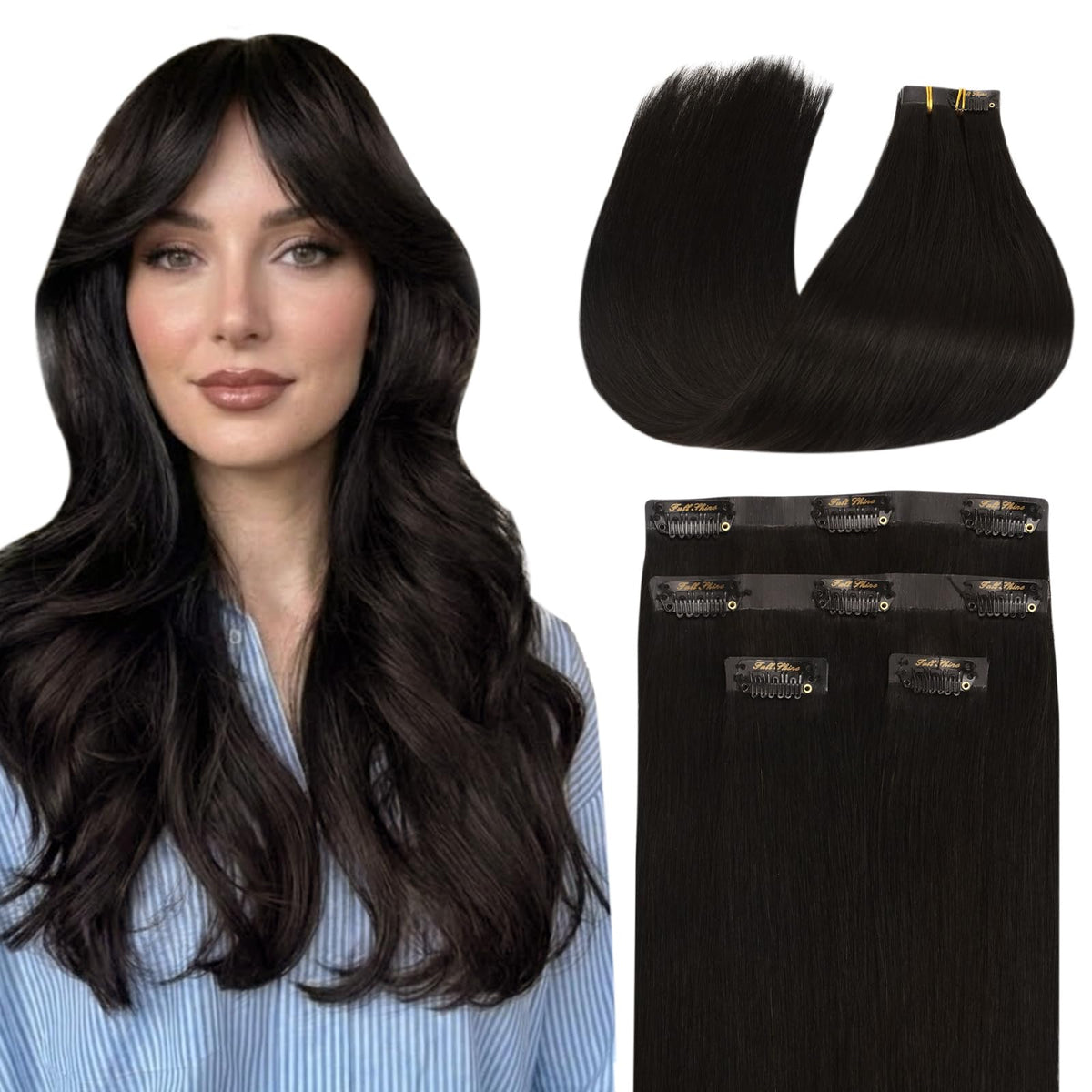 Full Shine Human Hair Clip in Extensions Natural Black front view