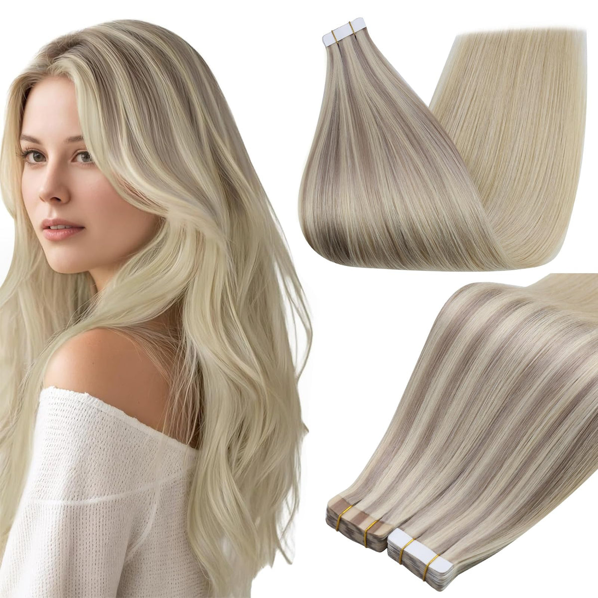Full Shine Human Hair Tape In Extensions Ash Blonde Blend front view