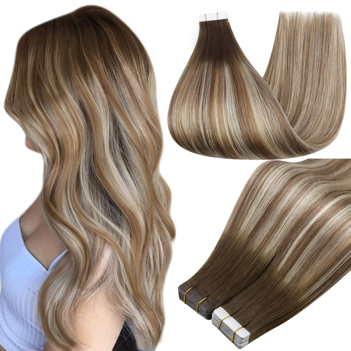 Full Shine Human Hair Tape In Extensions Brown Blonde front view