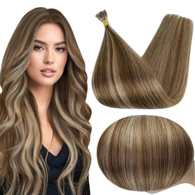 Full Shine I Tip Hair Extensions 22 Inch brown highlights front view