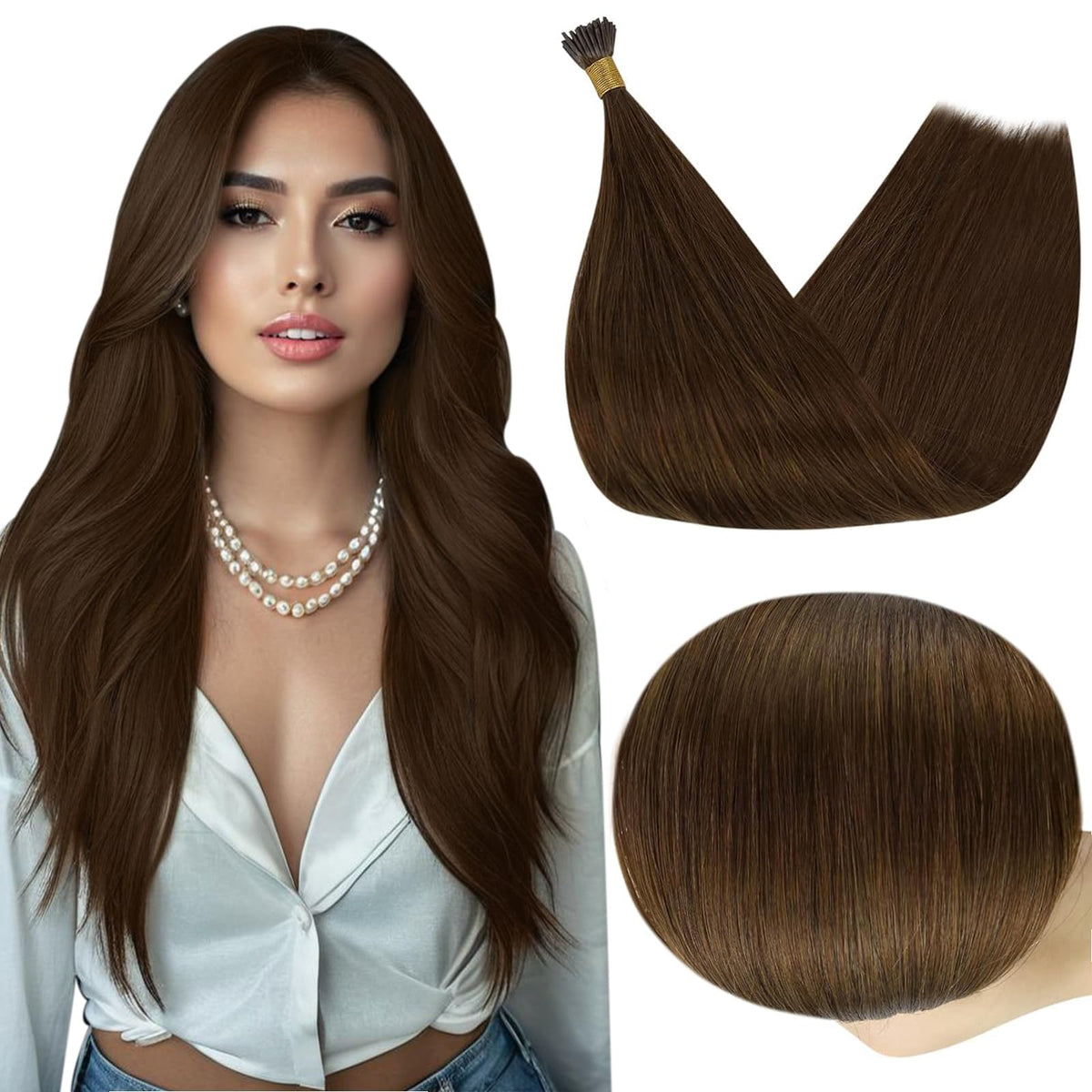 Full Shine I Tip Hair Extensions 22 Inch Medium Brown front view