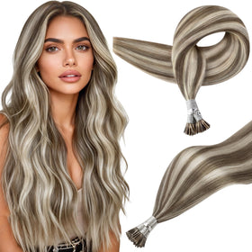 Full Shine I Tip Hair Extensions Ash Brown Highlighted front view