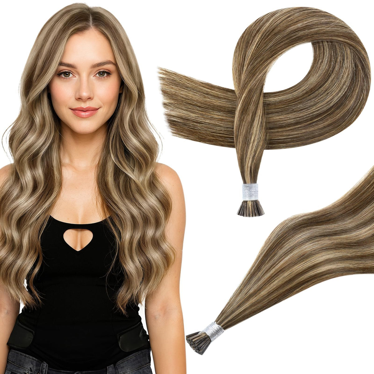 Full Shine I Tip Hair Extensions brown highlighted front view