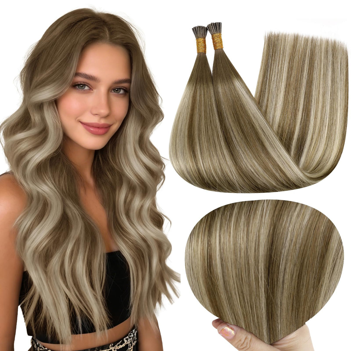 Full Shine I Tip Human Hair Extensions Brown Ombre Blonde front view