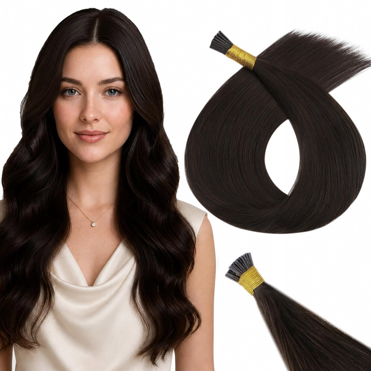 Full Shine I Tip Human Hair Extensions dark brown 28 inch front view