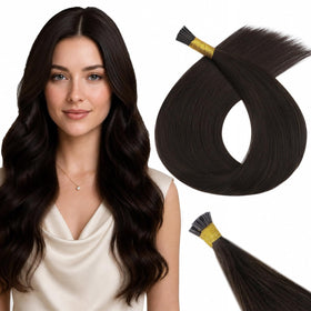 Full Shine I Tip Human Hair Extensions dark brown 28 inch front view