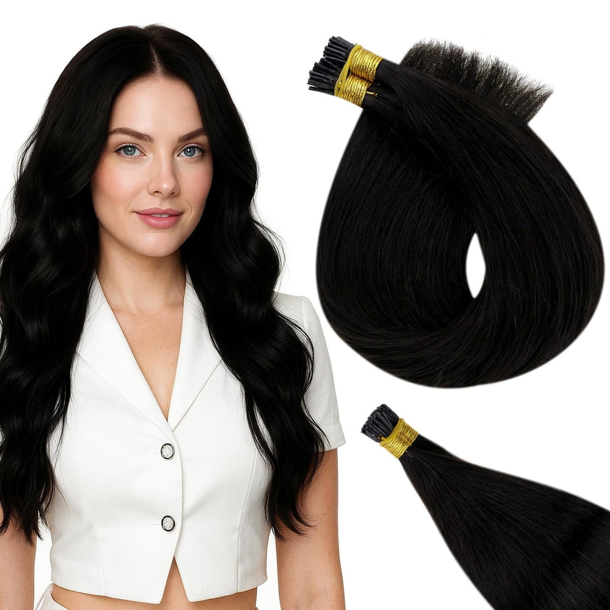 Full Shine I Tip Human Hair Extensions natural black 20 inch front view