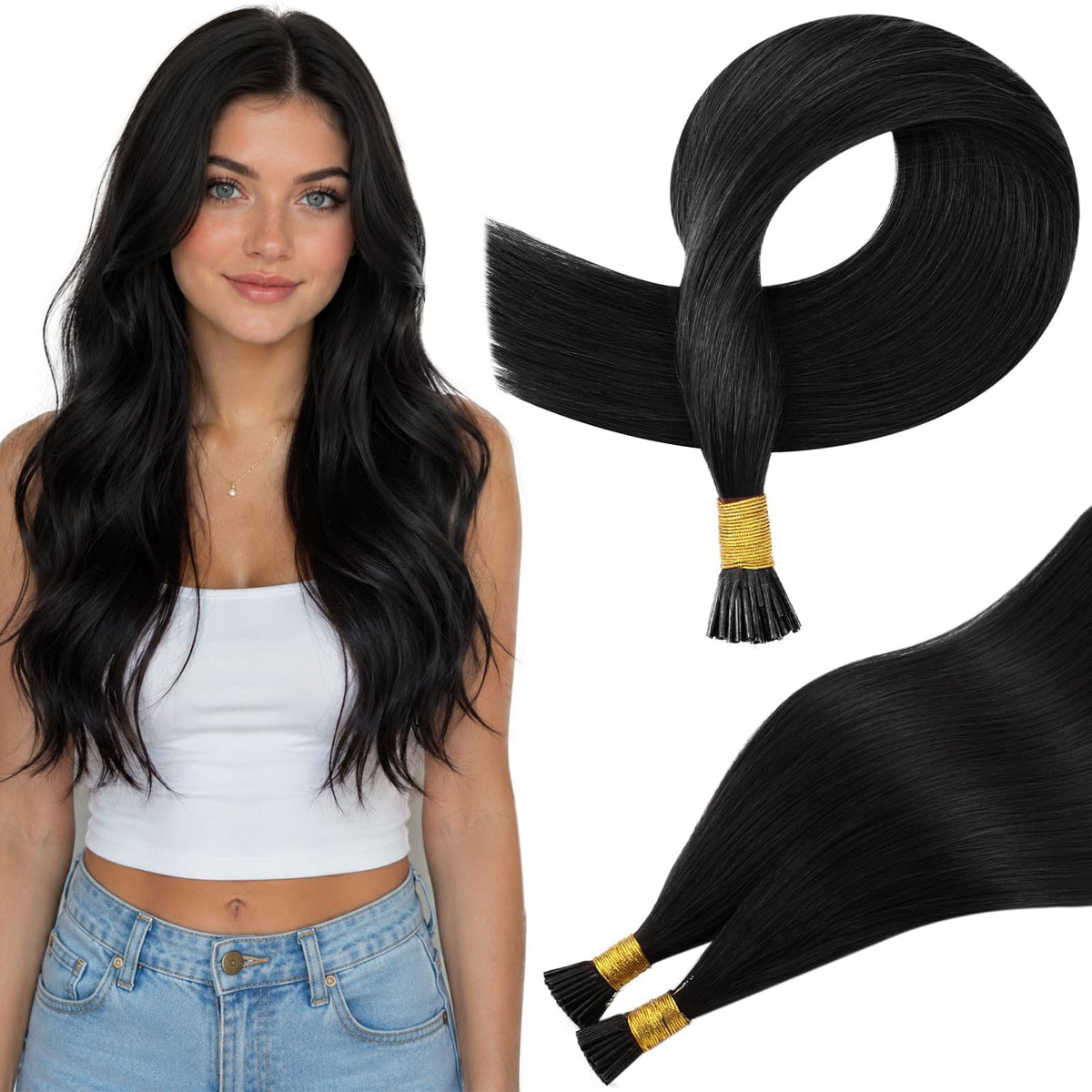 Full Shine I Tips Hair Extensions 22 Inch Jet Black front view