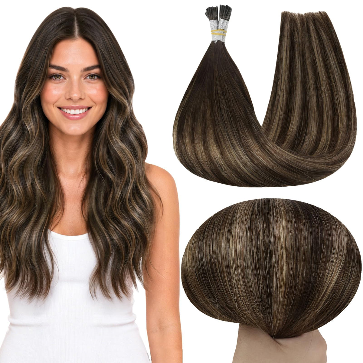 Full Shine I Tips Human Hair Extensions Brown Balayage front view