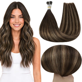 Full Shine I Tips Human Hair Extensions Brown Balayage front view