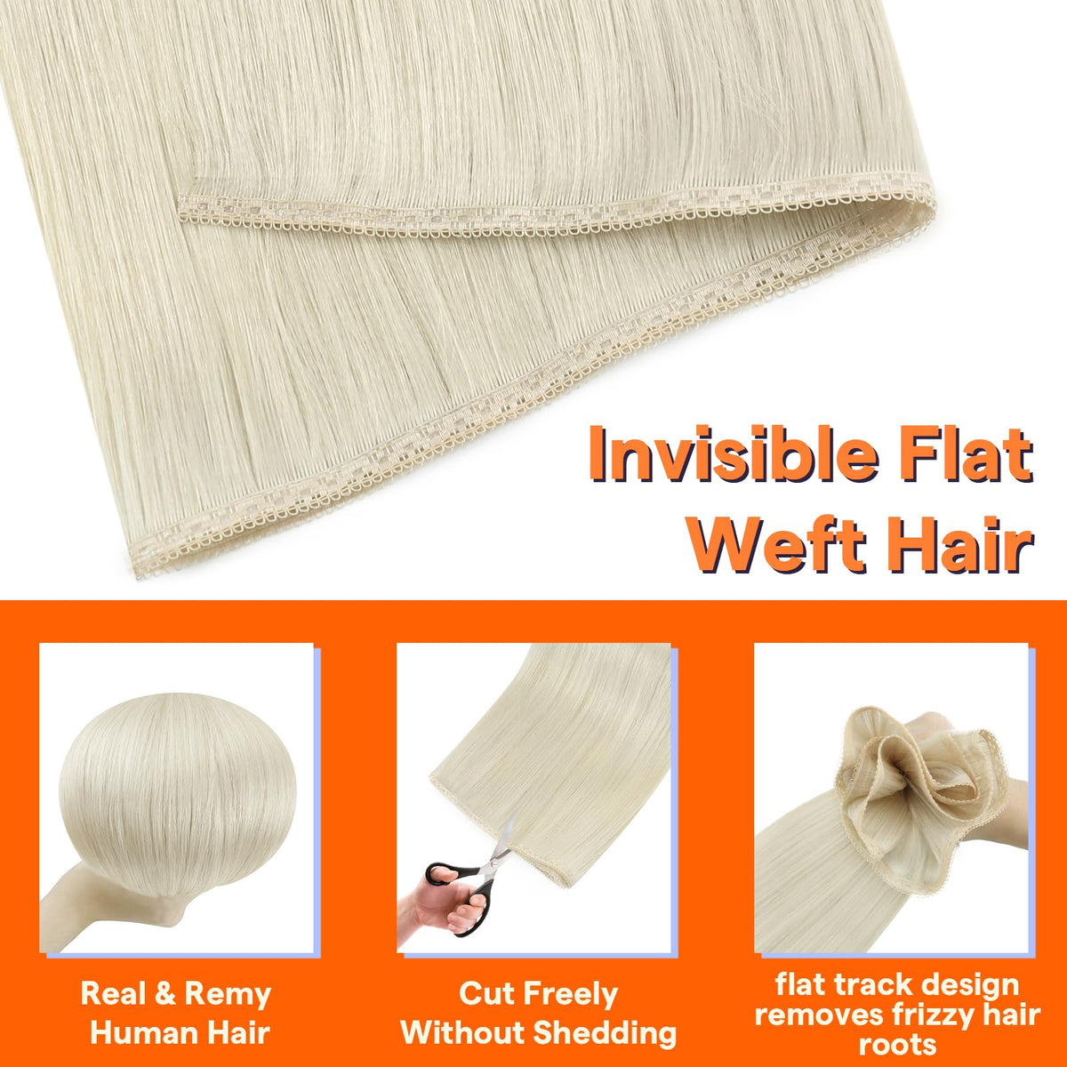Full Shine Invisible Sew In Hair Extensions 18 Inch Remy Human Hair close-up of weft