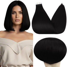 Full Shine Invisible Tape Hair Extensions 12 Inch Black front view