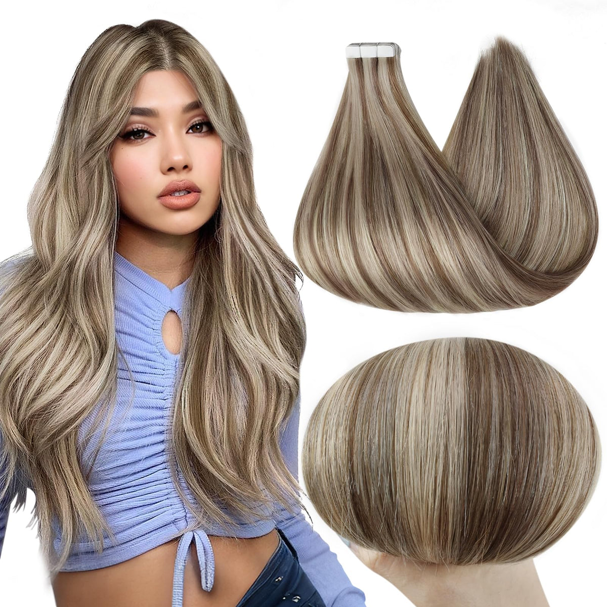 Full Shine Invisible Tape in Extensions 14 inch brown blonde highlights front view