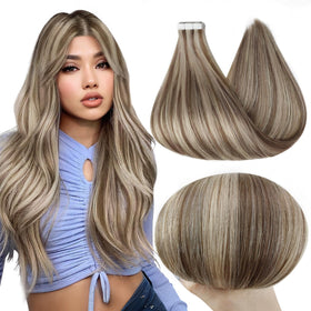 Full Shine Invisible Tape in Extensions 14 inch brown blonde highlights front view