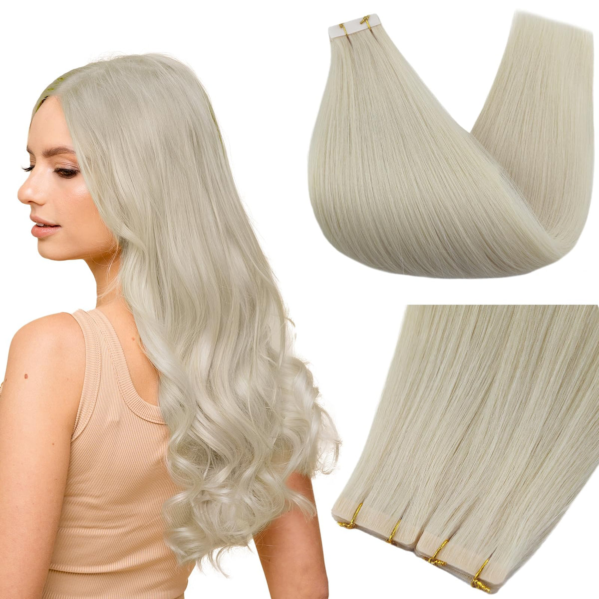 Full Shine Invisible Tape in Hair Extensions 20 Inch Ice Blonde front view