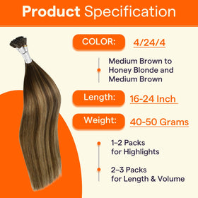 Full Shine Itip Human Hair Extensions 20 Inch Balayage Brown styled