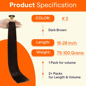 Full Shine Itip Human Hair Extensions dark brown 24 inch side view