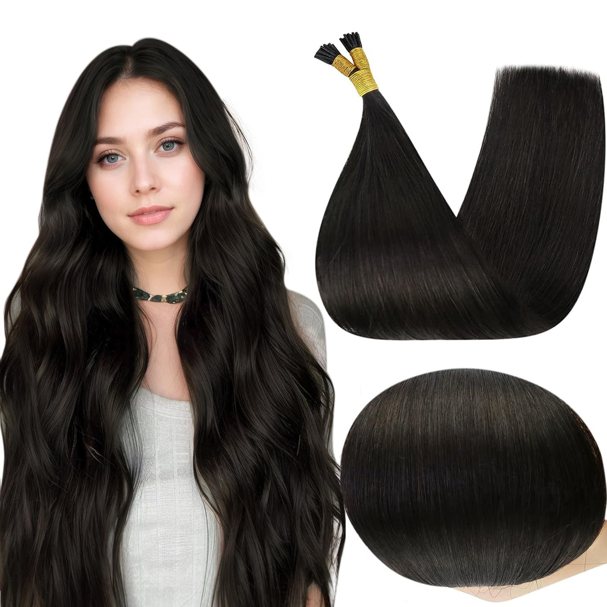 Full Shine Itip Human Hair Extensions Natural Black front view