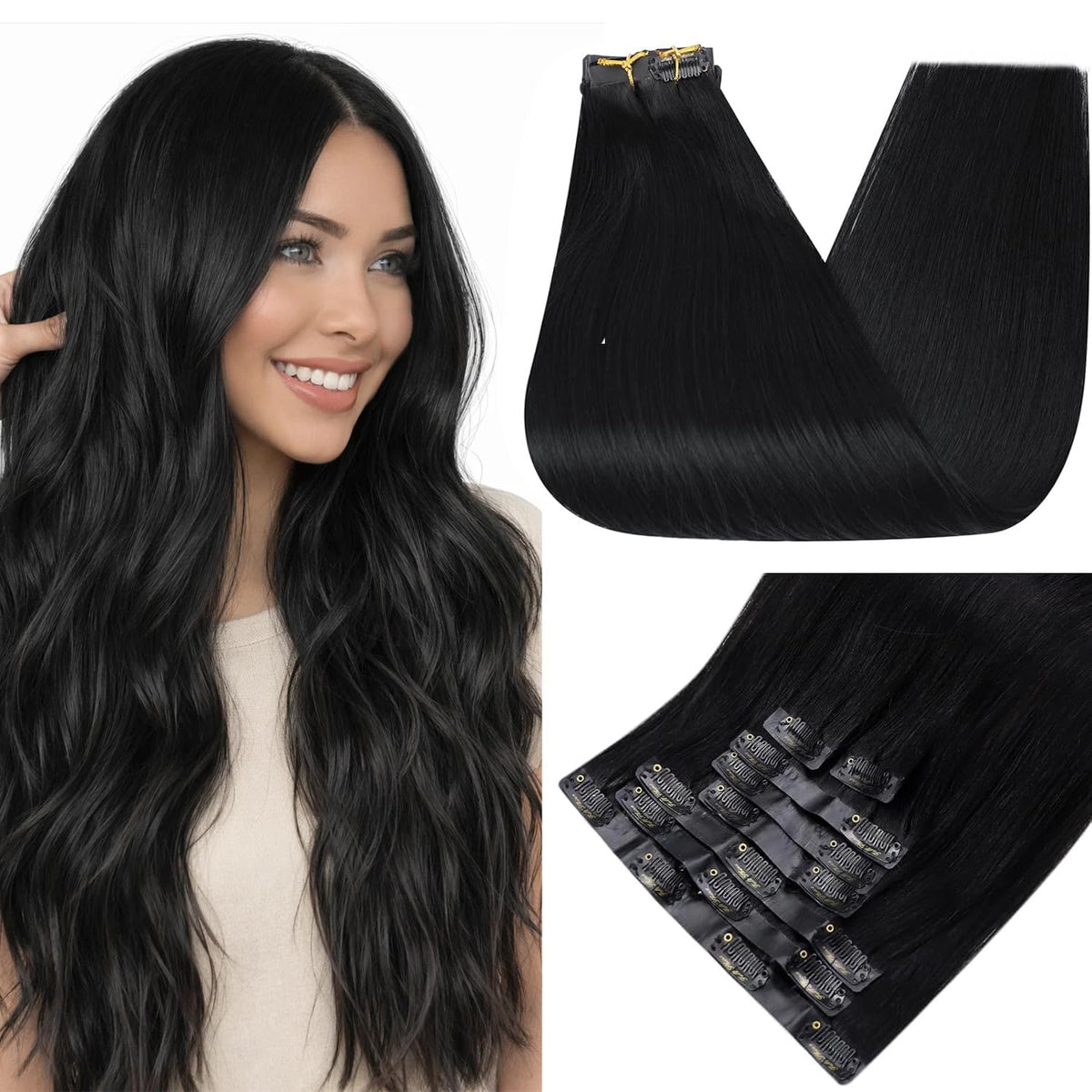 Full Shine Jet Black Clip-in Hair Extensions 24 Inch front view
