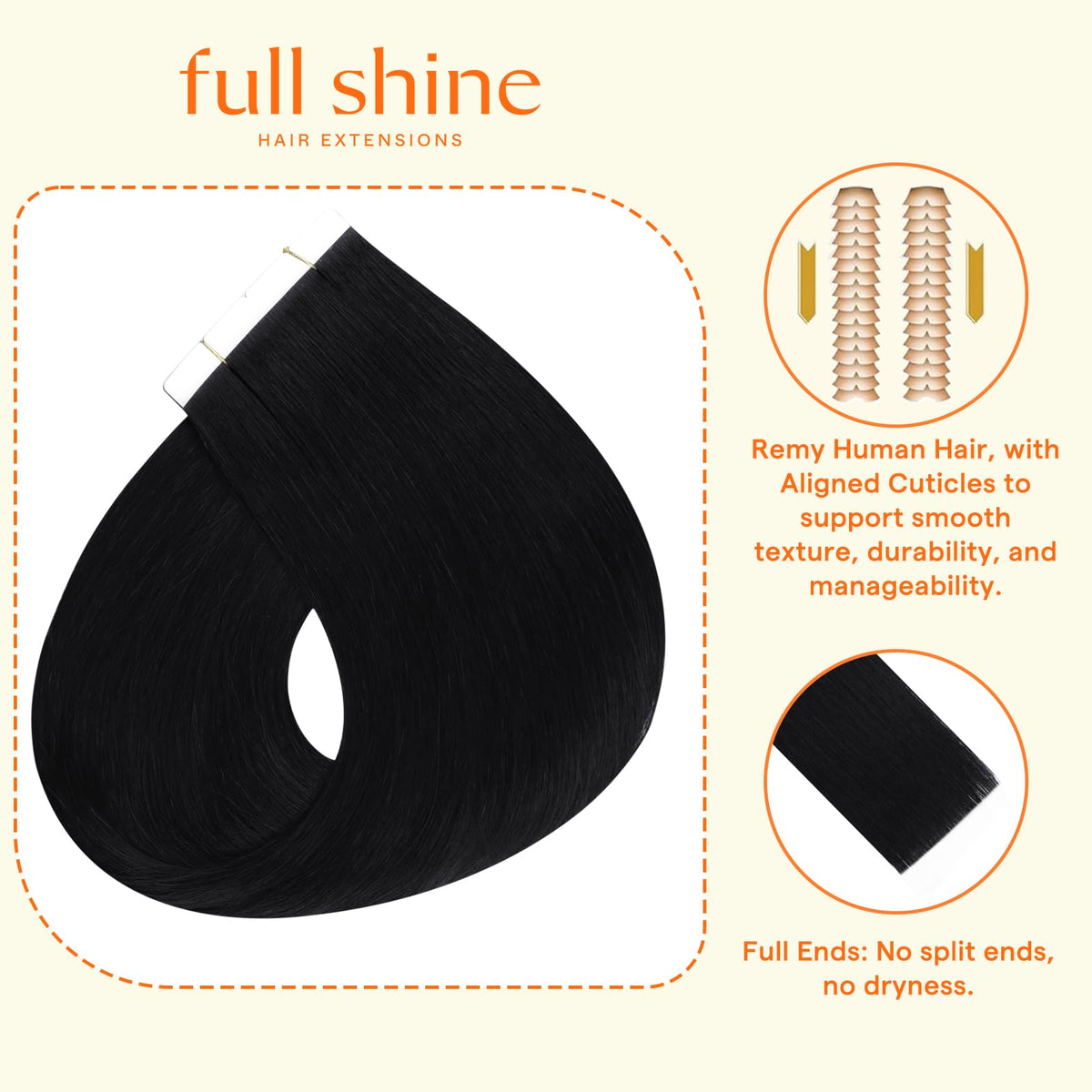 Full Shine Jet Black Hair Extensions showing texture