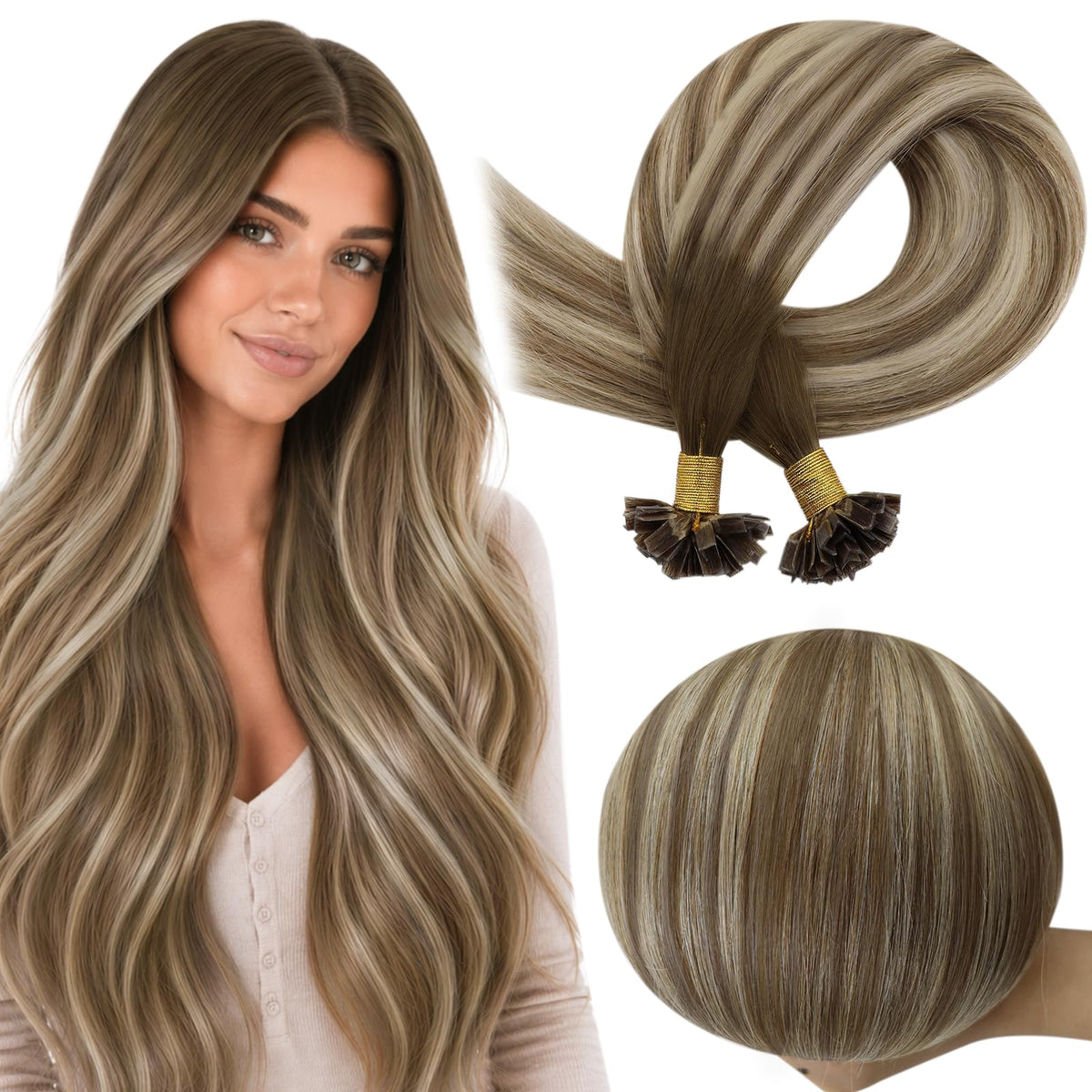 Full Shine K Tip Balayage Brown Ash Blonde Hair Extensions 24 inches front view