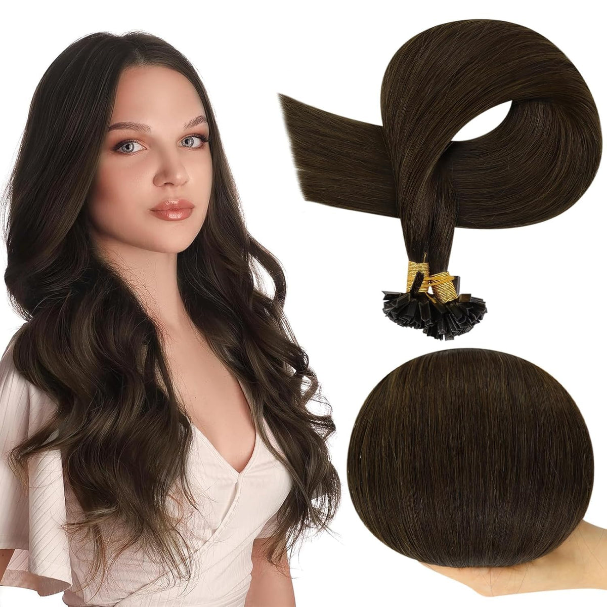 Full Shine K Tip Hair Extensions 20 Inch Dark Brown front view