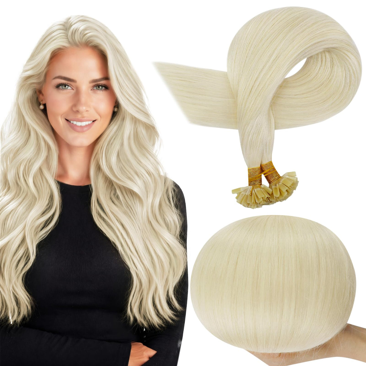 Full Shine K Tip Human Hair Extensions 18 in White Blonde front view