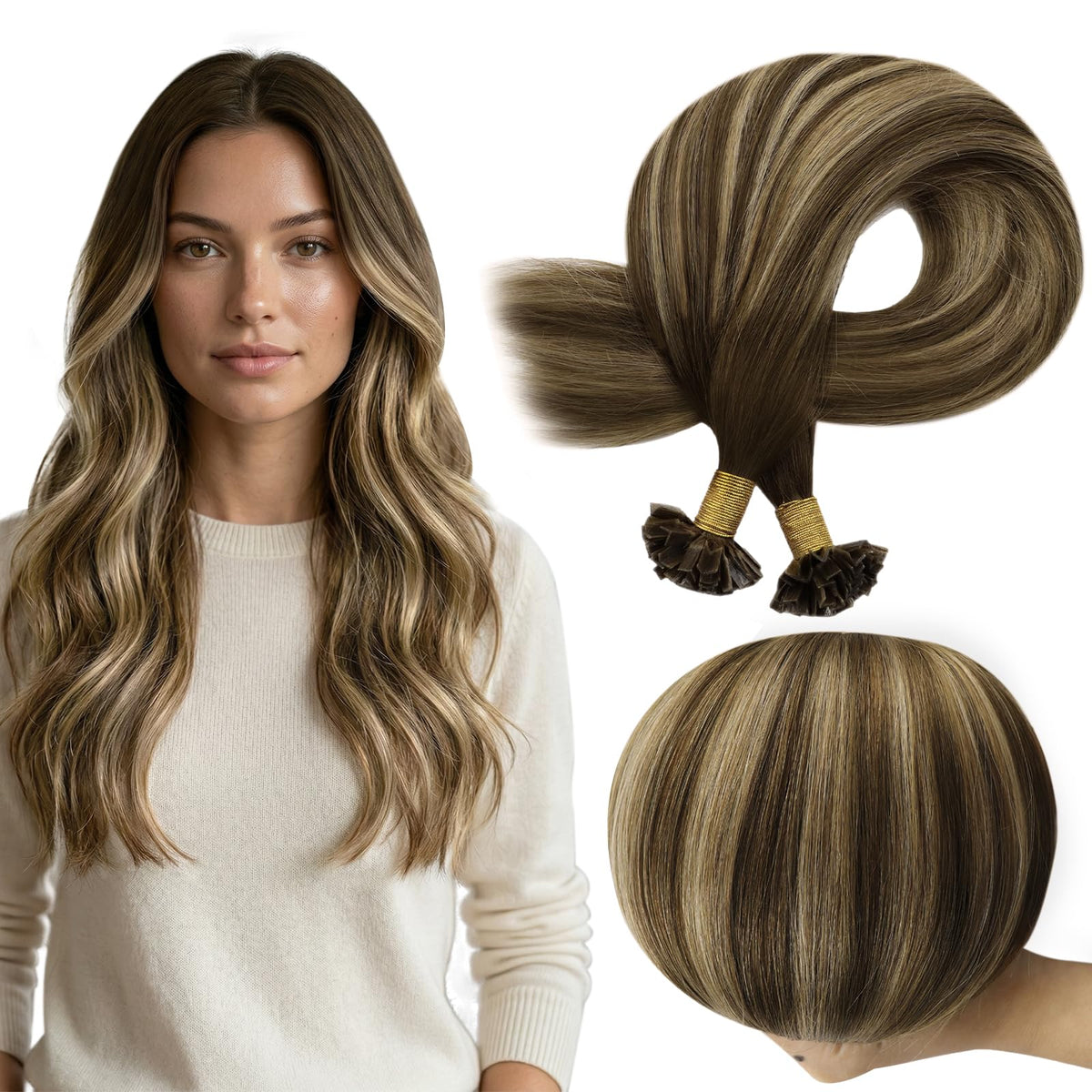 Full Shine K Tip Human Hair Extensions Medium Brown Ombre front view