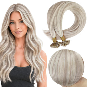 Full Shine K Tip Remy Hair Extensions Ash Blonde Highlights front view