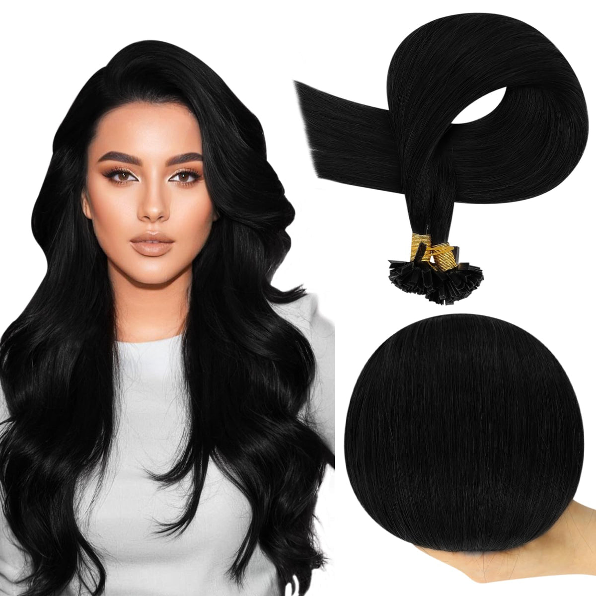 Full Shine Ktip Human Hair Extensions 24 Inch Jet Black front view