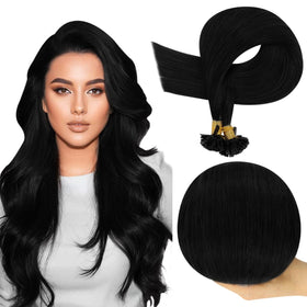 Full Shine Ktip Human Hair Extensions 24 Inch Jet Black front view