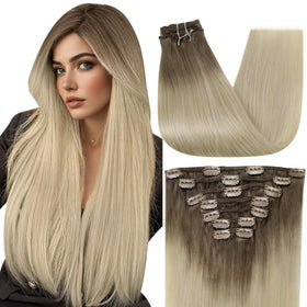 Full Shine Light Brown to Blonde Clip in Hair Extensions front view