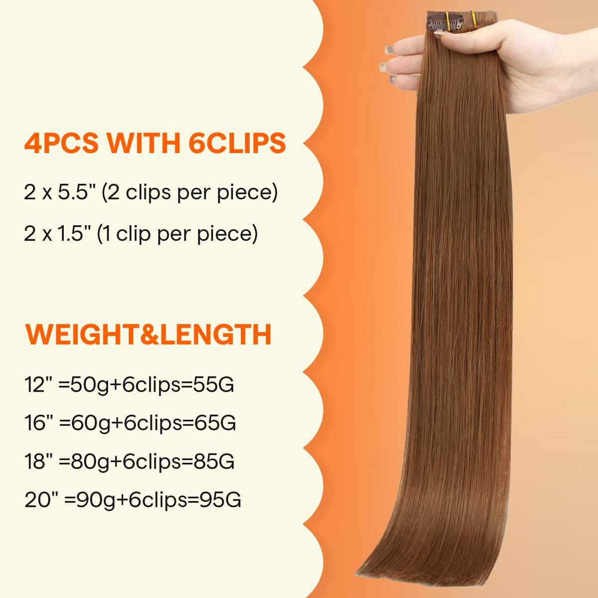 Full Shine Light Copper Hair Extensions close-up of clips