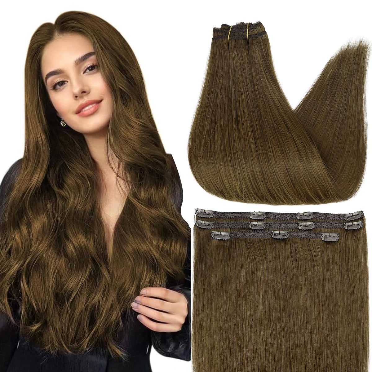 Full Shine Medium Brown Clip in Extensions 120g front view