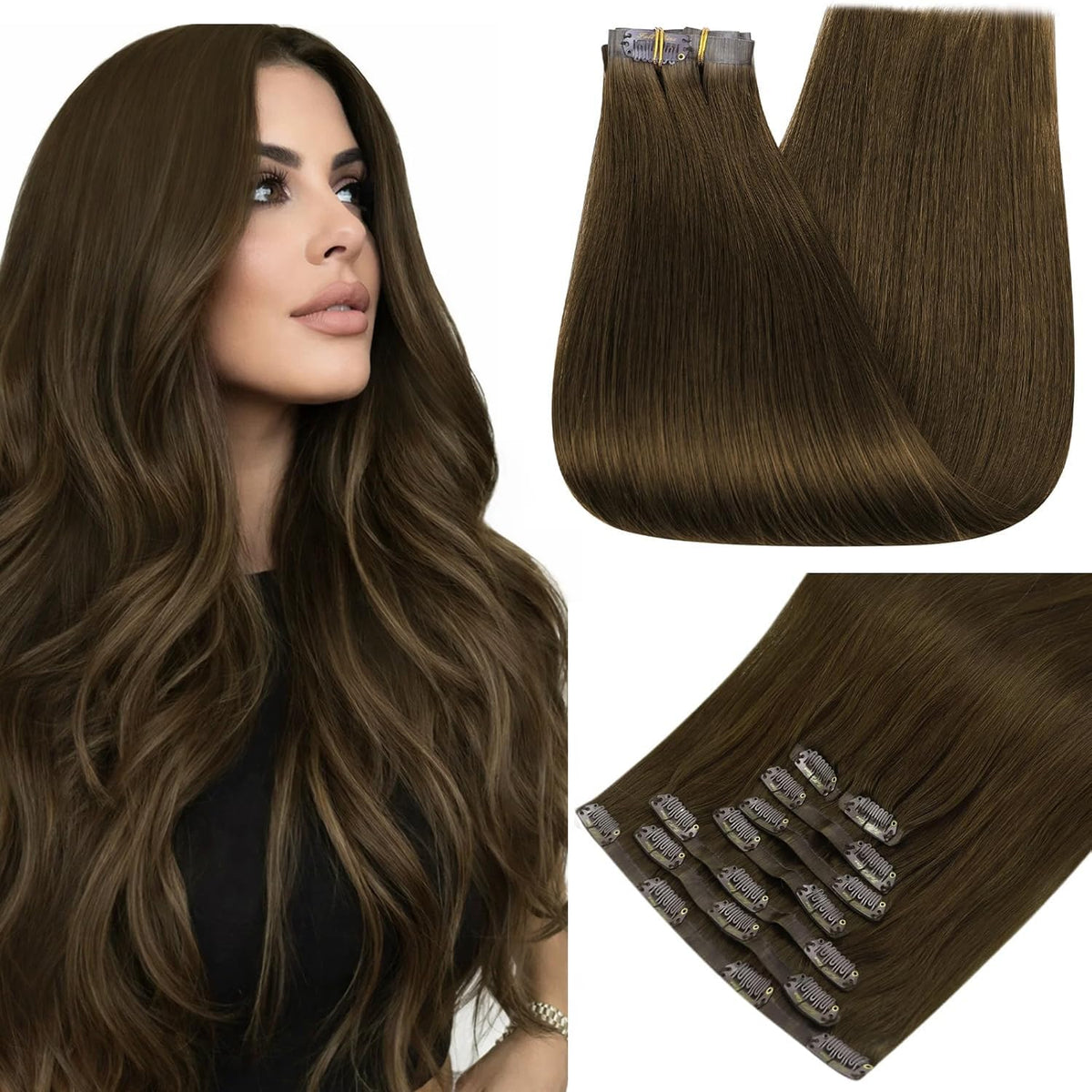 Full Shine Medium Brown Remy Hair Clip-in Extensions front view
