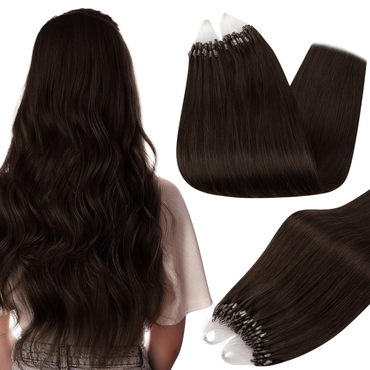 Full Shine Micro Bead Hair Extensions 24 Inch Dark Brown front view