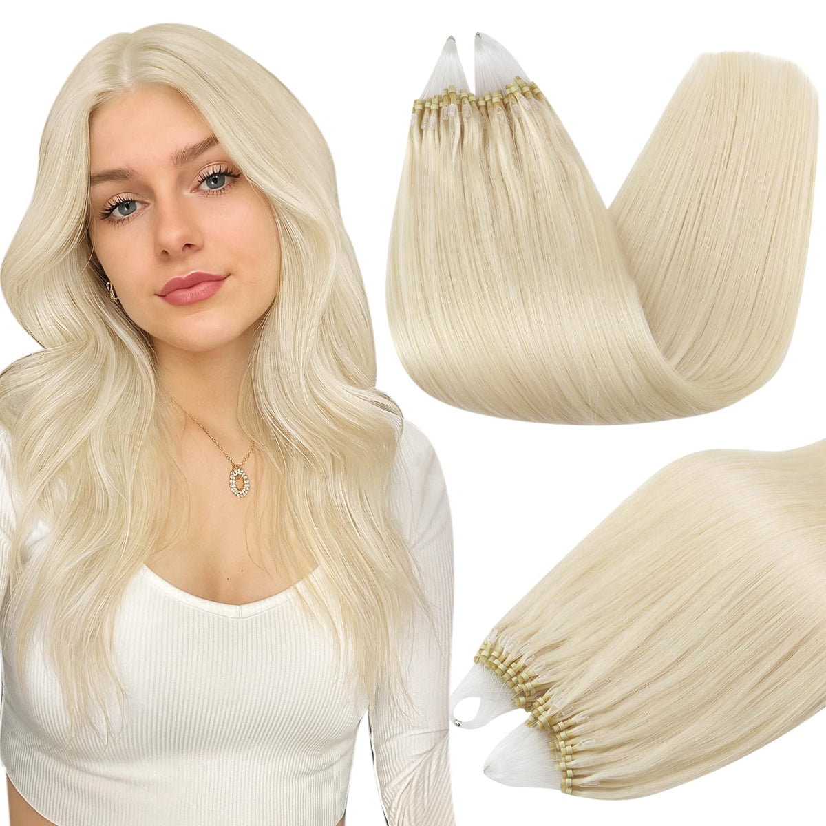 Full Shine Micro Link Hair Extensions 14 Inch Platinum Blonde front view