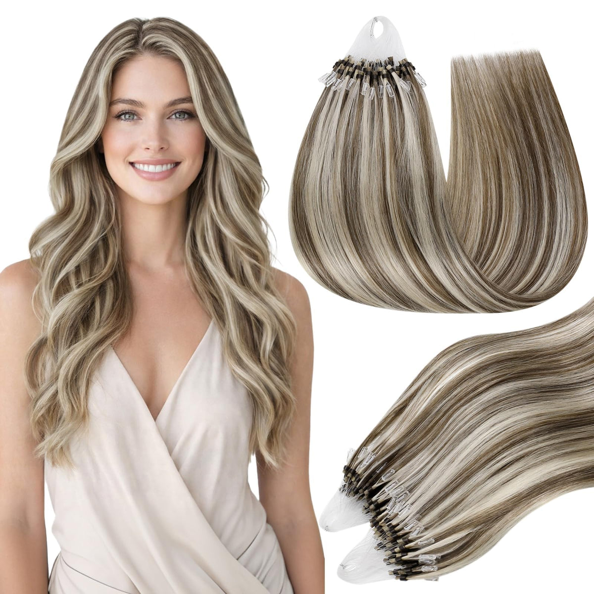 Full Shine Micro Link Hair Extensions 20 Inch Ash Brown Highlights front view