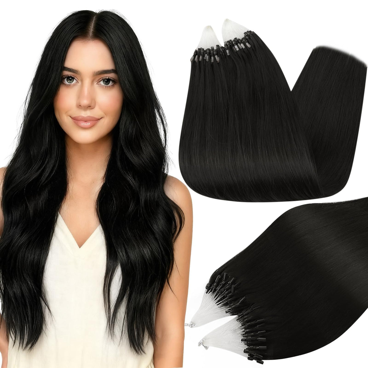 Full Shine Micro Link Hair Extensions 28 Inch Jet Black front view