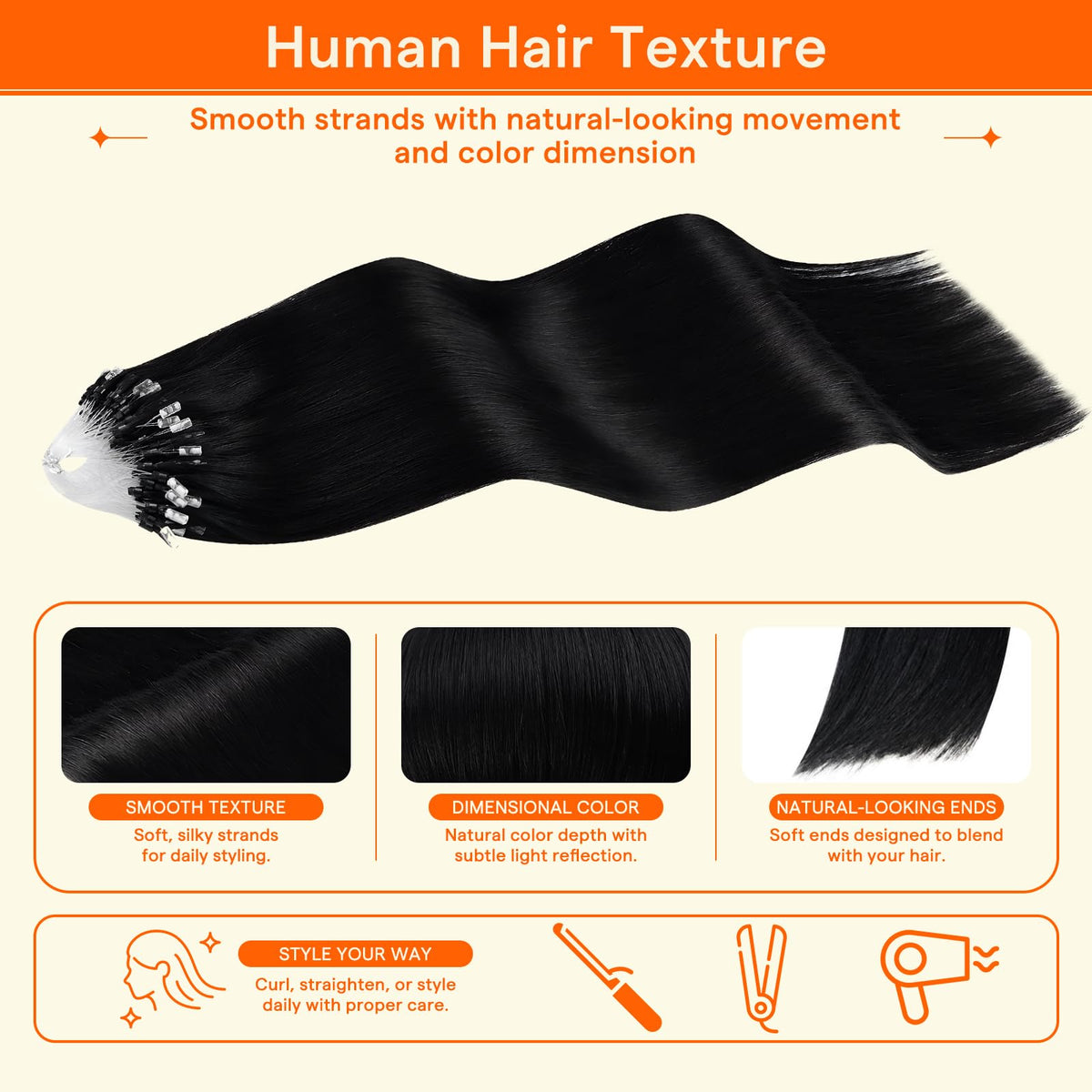 Full Shine Micro Link Hair Extensions displayed with styling tools