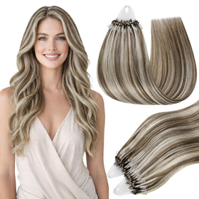 Full Shine Micro Link Human Hair Extensions 18 Inch Ash Brown Highlights front view