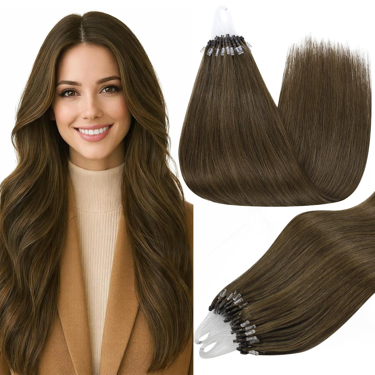 Full Shine Micro Loop Hair Extensions 22 Inch Chestnut Brown front view