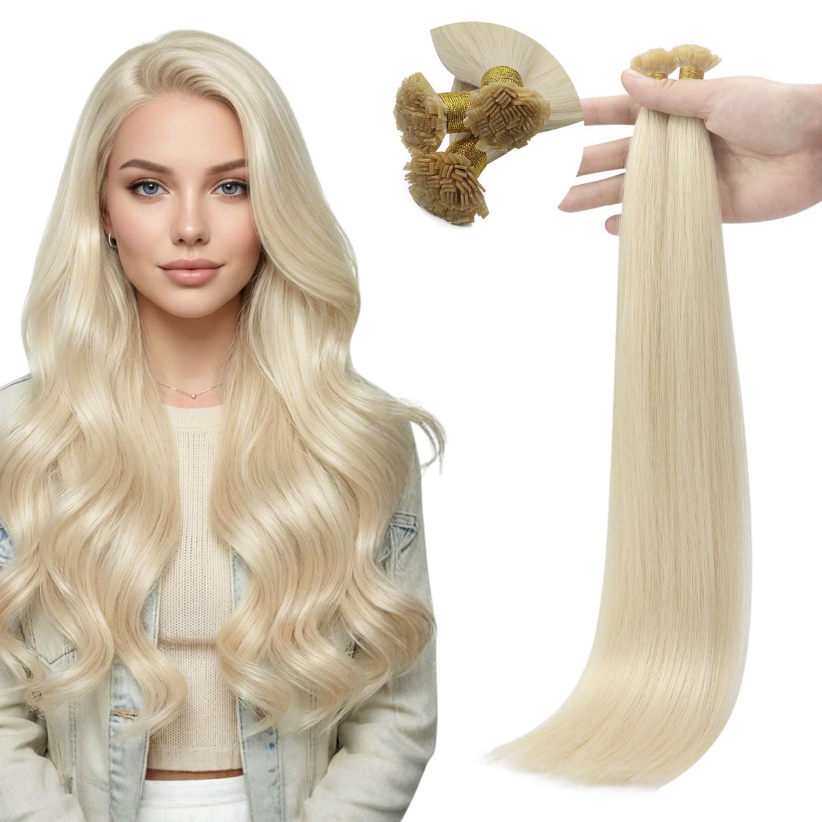 Full Shine Mini Flat KTip Hair Extensions 22 inch Platinum Blonde front view