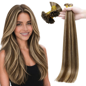 Full Shine Mini Flat Tip Hair Extensions 16 in Brown Highlight Blonde front view