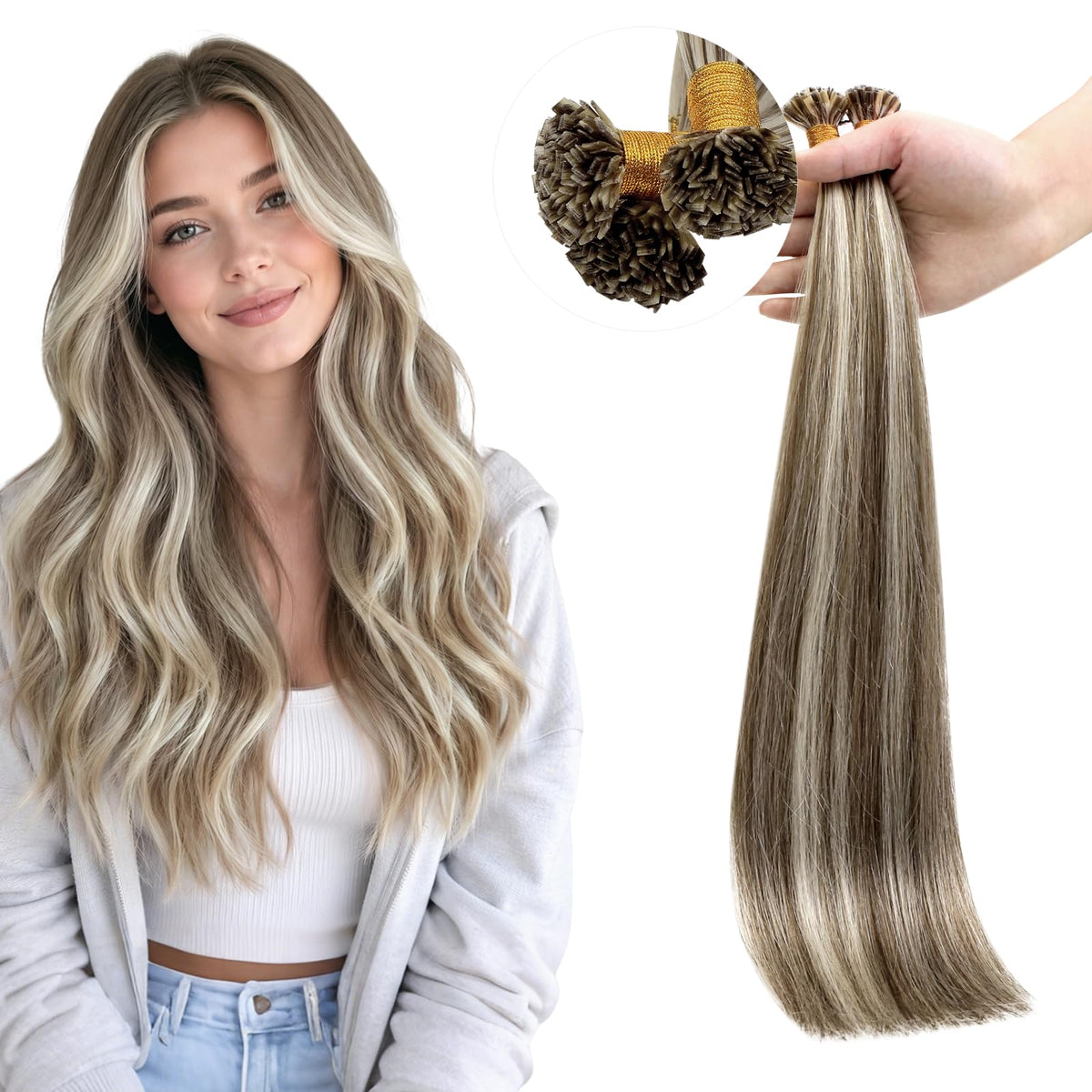 Full Shine Mini Flat Tip Hair Extensions Ash Brown Blonde front view