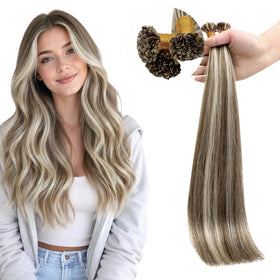 Full Shine Mini Flat Tip Hair Extensions Ash Brown Blonde front view
