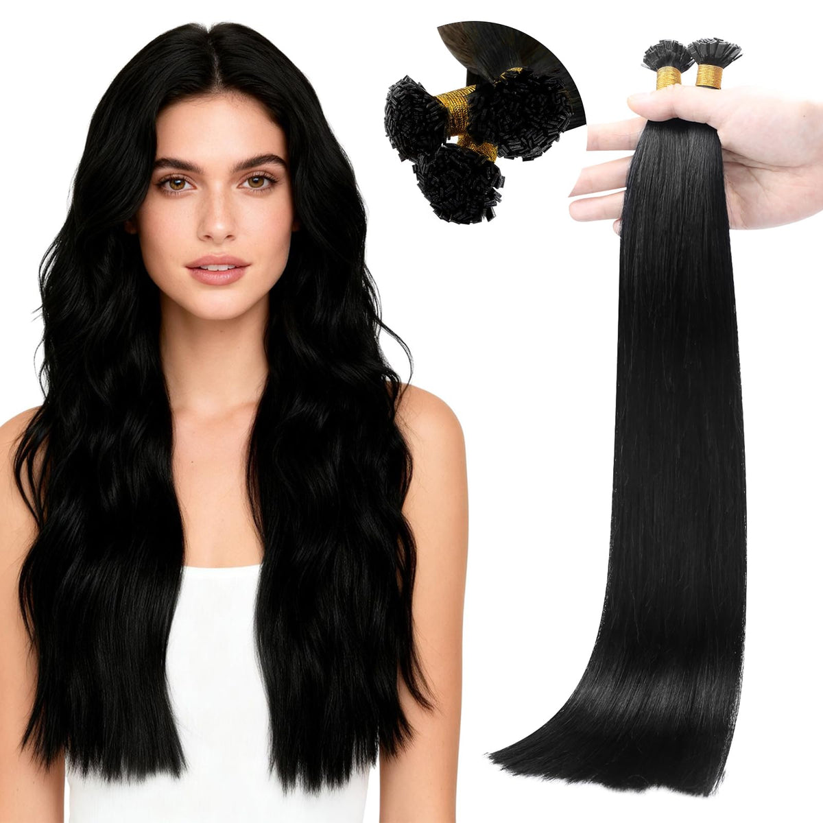 Full Shine Mini Flat Tip Hair Extensions Jet Black front view
