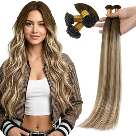 Full Shine Mini Flat Tip Human Hair Extensions Balayage Brown Ash Blonde front view
