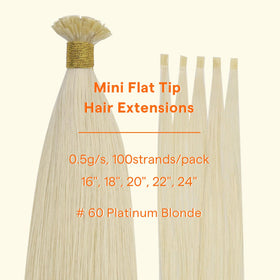 Full Shine Mini Flat Tip Human Hair Extensions displayed with styling tools